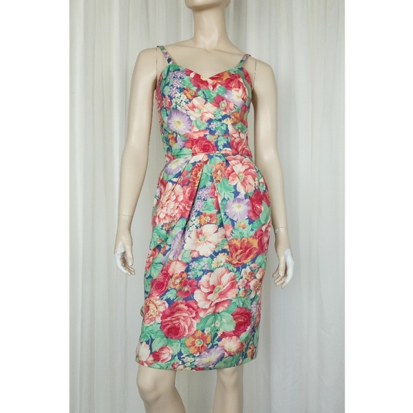 Vintage 80s 2pc floral cotton wiggle dress with crop bolero jacket S - Picture 2 of 10